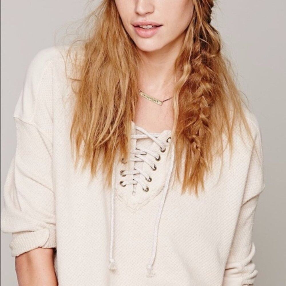 Free People Lace Up Cream Thermal Sweatshirt
